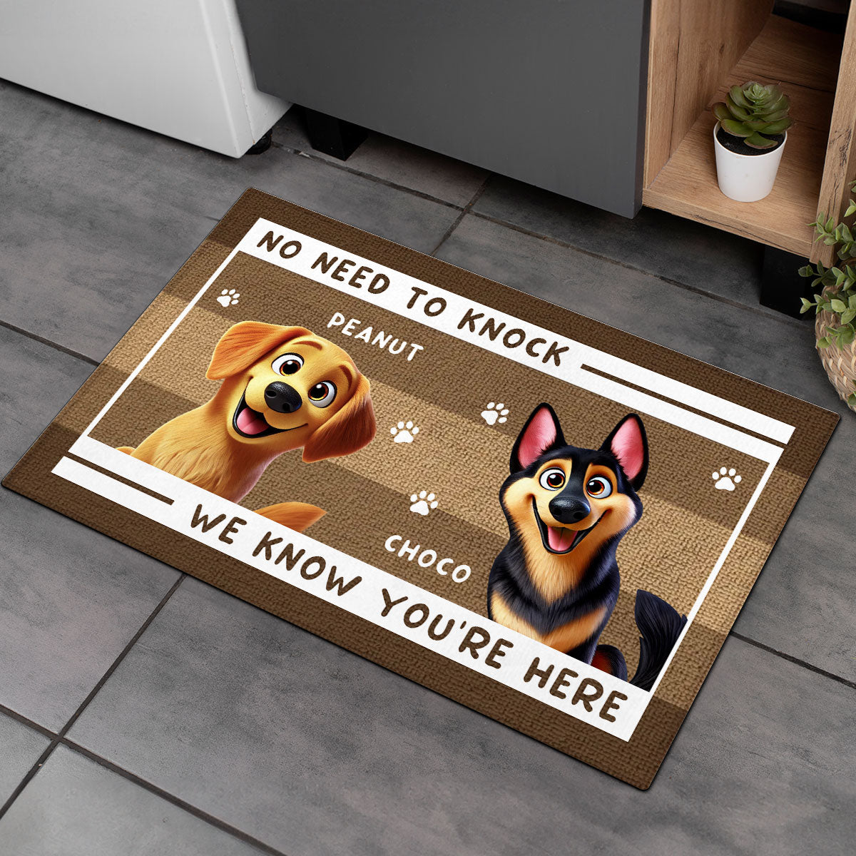 No Need to Knock We Know You're Here Funny Cute Dog Personalized Doormat, Housewarming Gift, Custom Mat