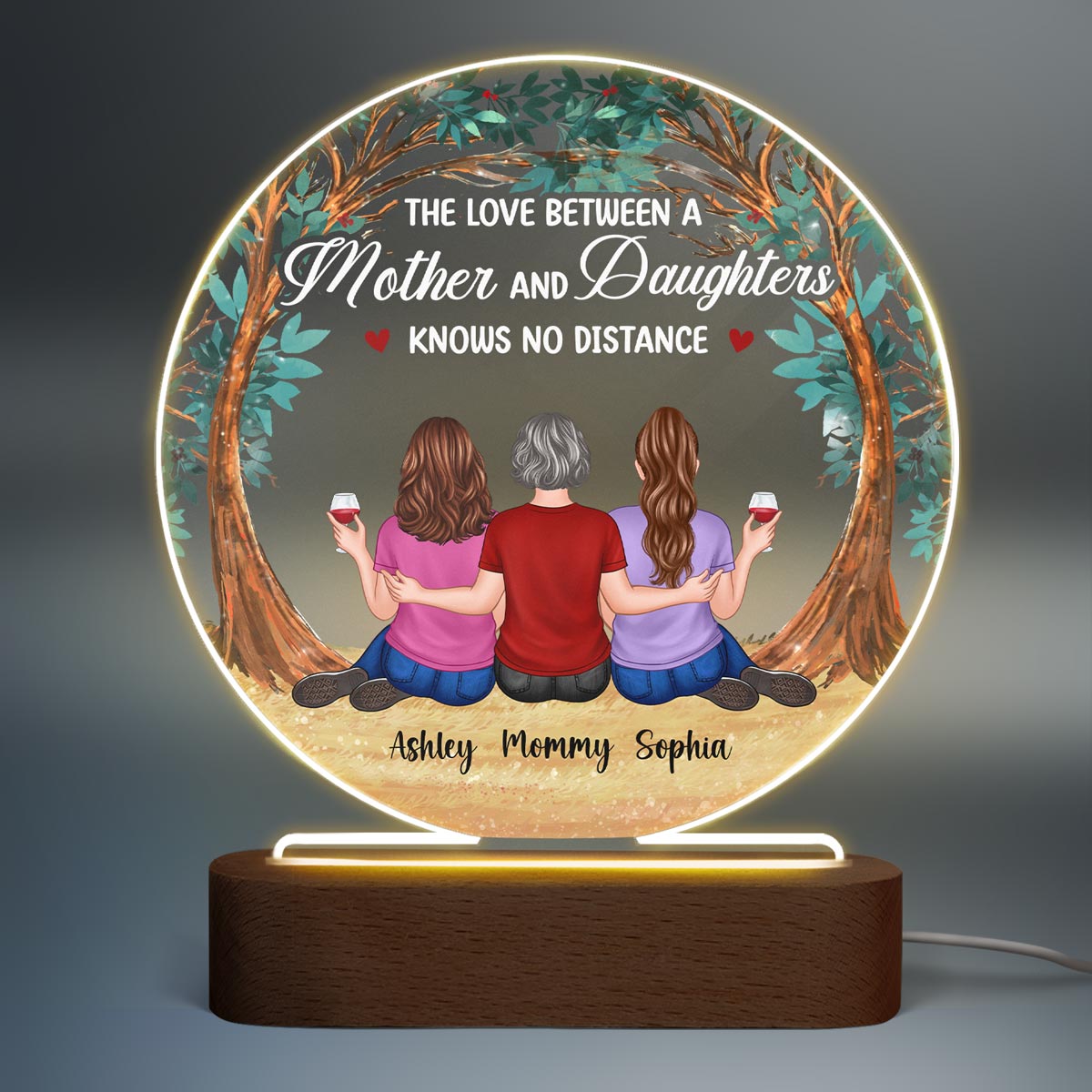 Mother Daughter Under Tree Personalized Acrylic Circle LED Lamp Night Light
