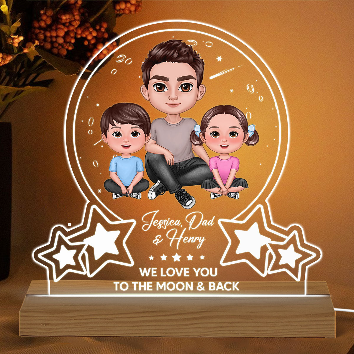 Moon Stars Dad Grandpa Love You To The Moon Personalized Warm Acrylic Custom Shape LED Night Light