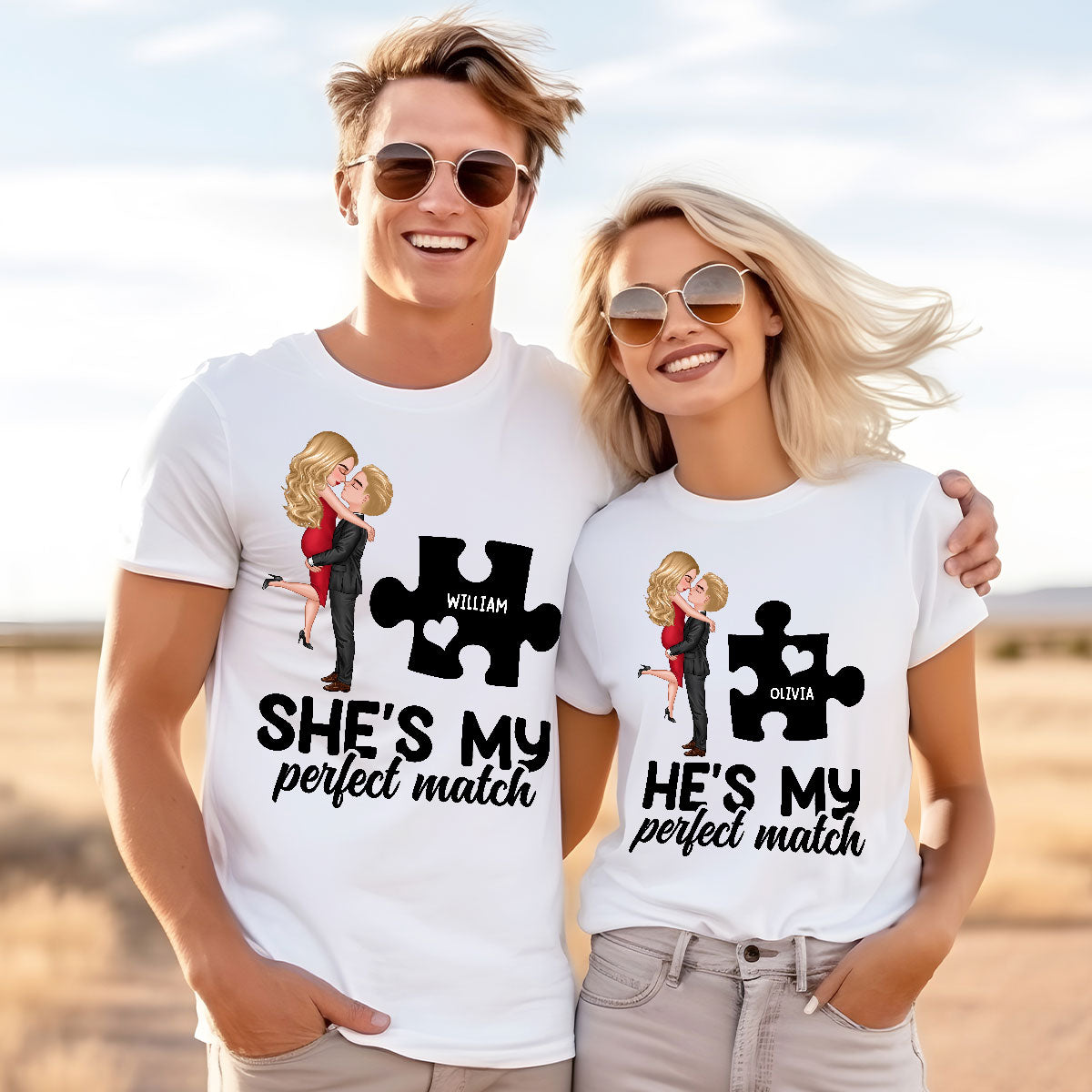 Couple Perfect Match Puzzle Couple Hugging Kissing Valentine‘s Day Personalized Matching Shirts [Set of 2 Shirts]