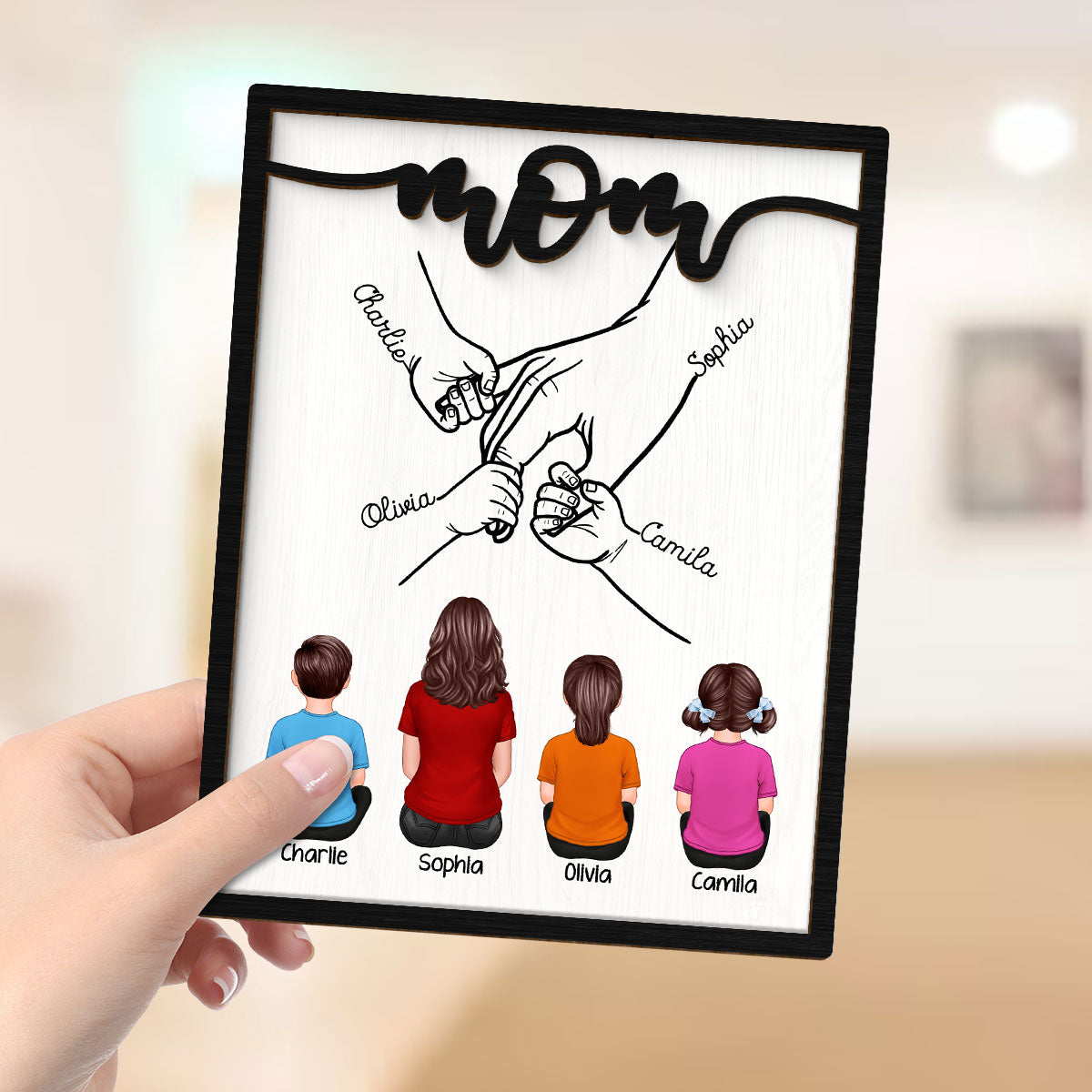 Mom And Kids Holding Hands Personalized 2-Layer Wooden Plaque