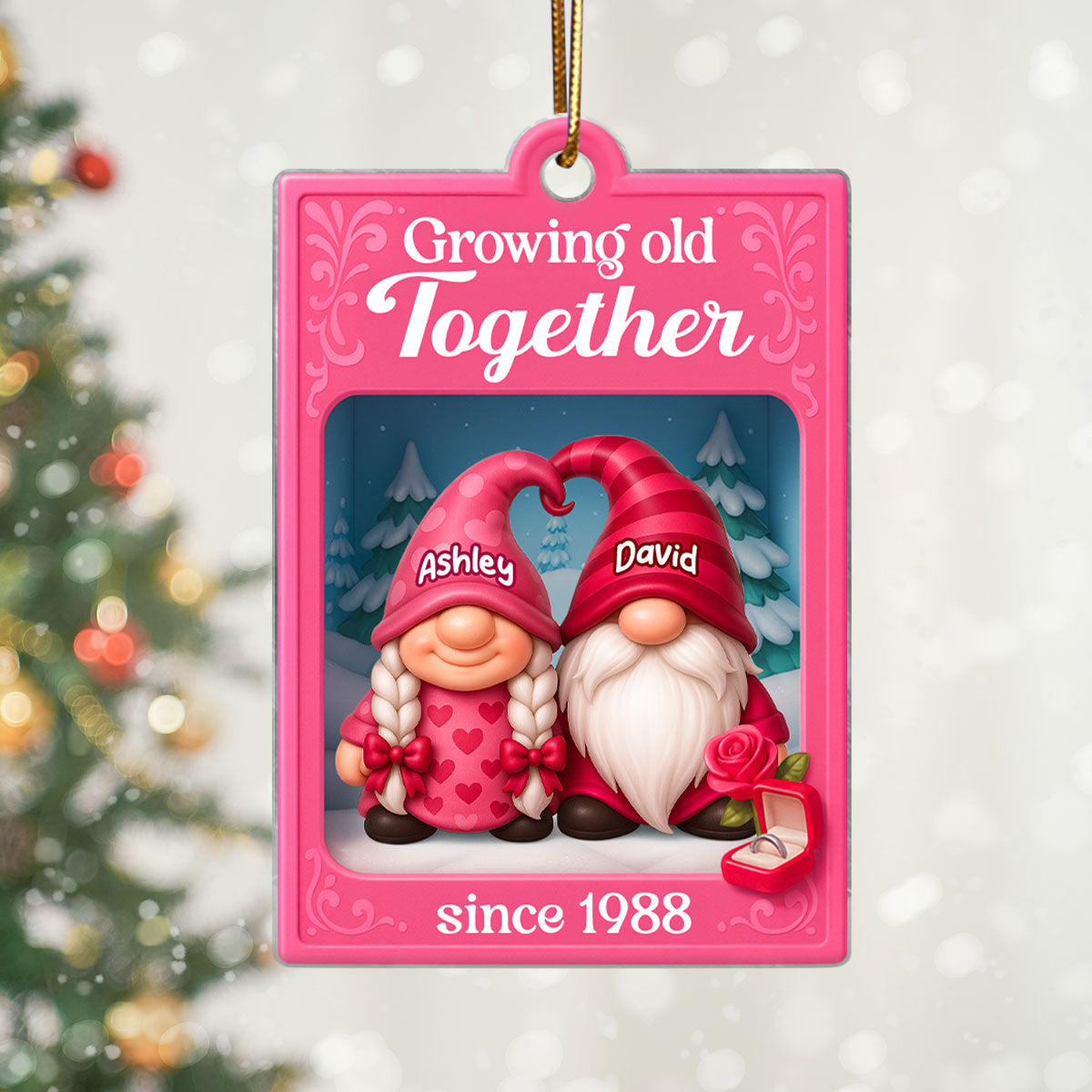 Growing Old Together Pink Gnome Couples Action Figure - Personalized Acrylic Ornament - Unique Christmas Gift For Old Couples, For Wife, For Husband
