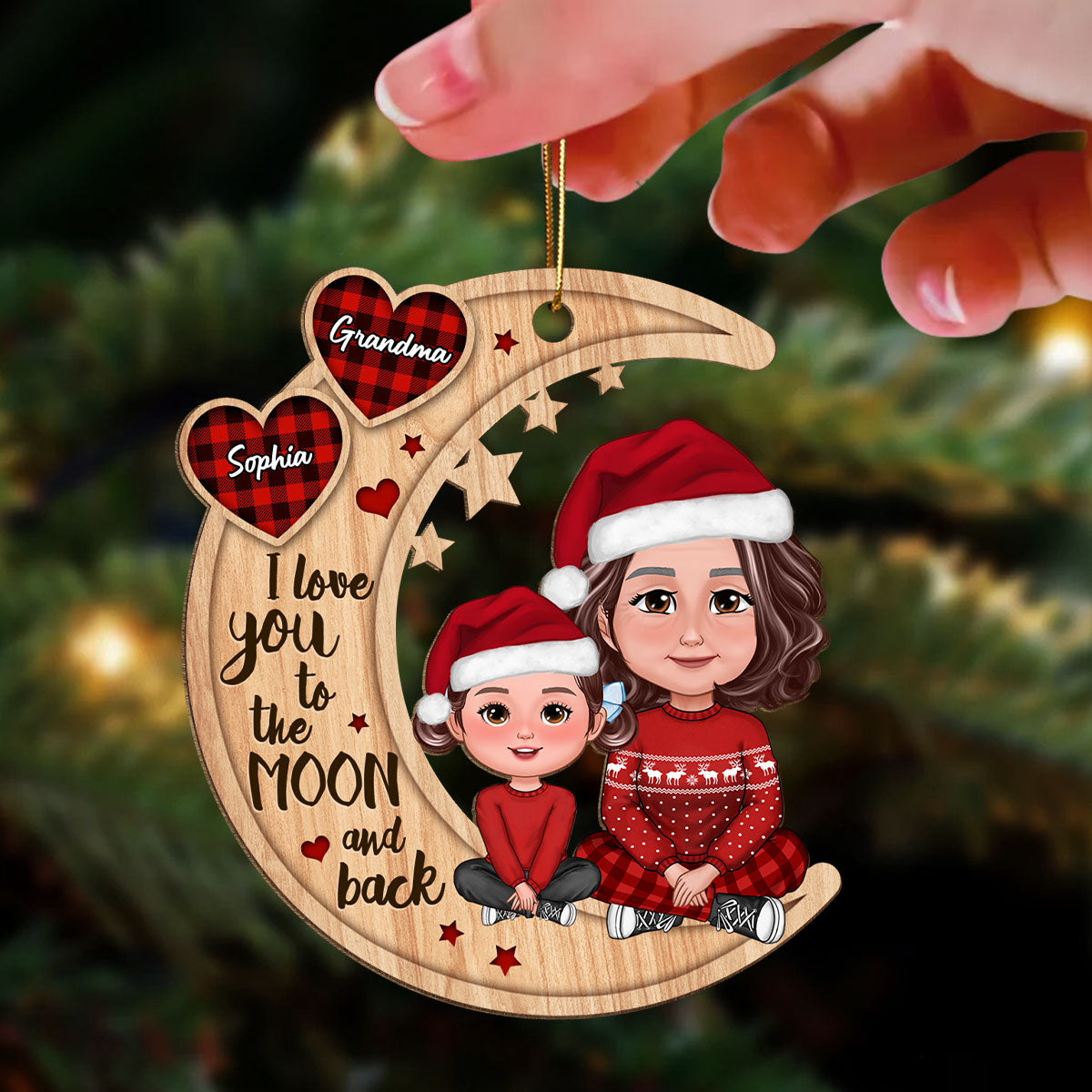 Checkered Pattern Heart Crossed Legs Doll Grandma & Grandkid Sitting On Moon Personalized Wooden Ornament