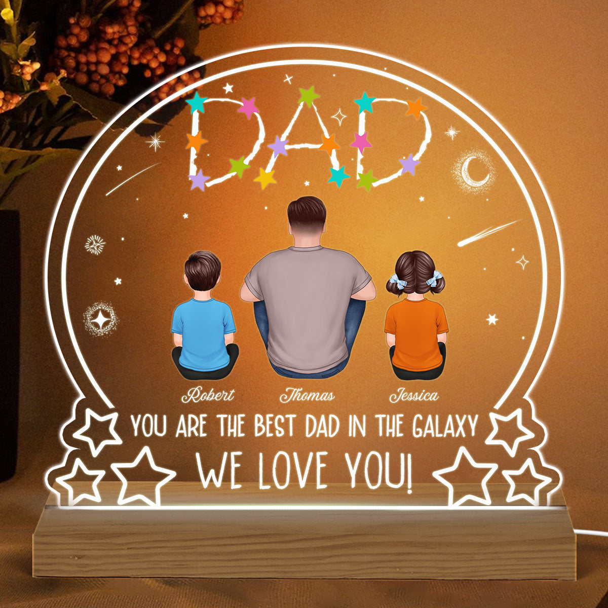 Stars Dad Best Dad In The Galaxy Back View Man Sitting With Kids Dogs Cats Personalized Custom Shape Acrylic Plaque Warm LED Night Light