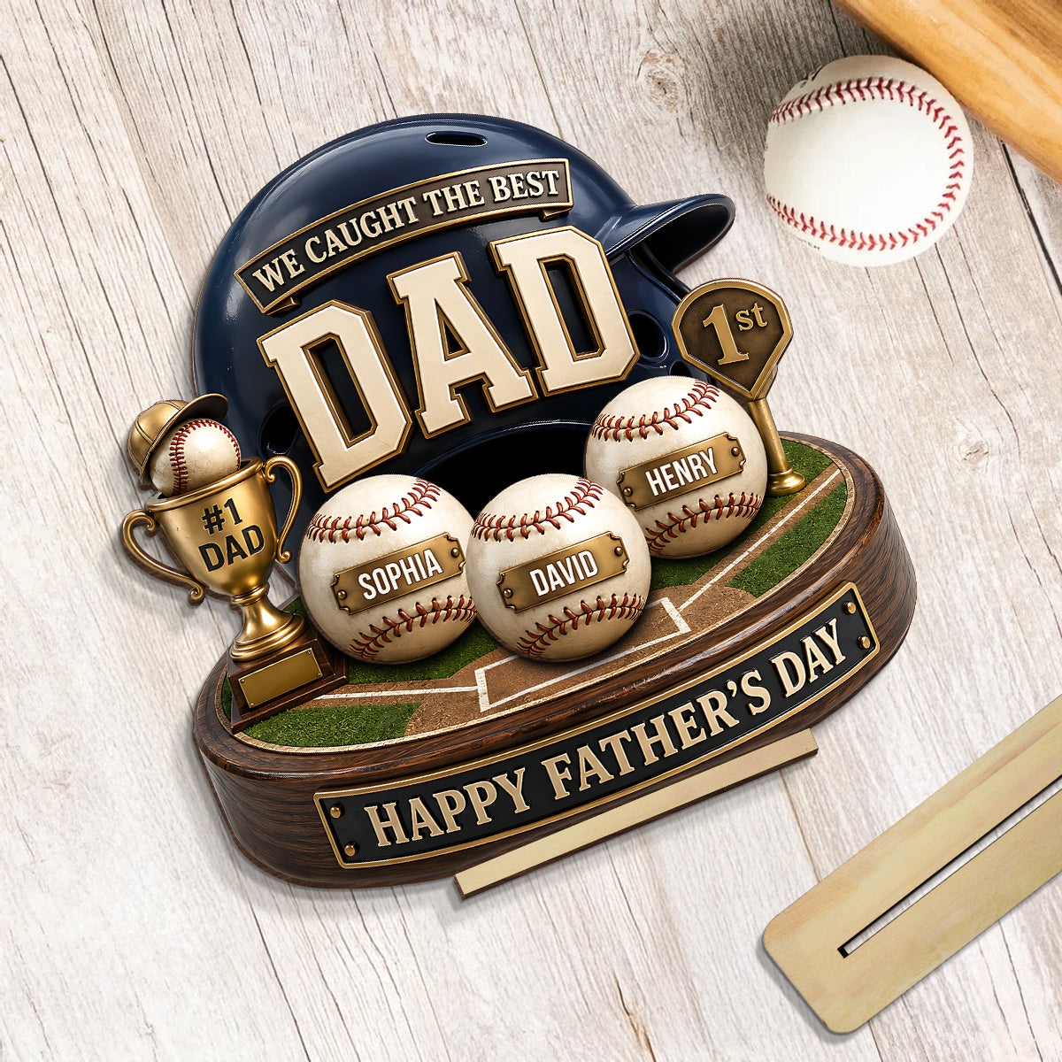 Baseball Trophy We Caught The Best Dad - Personalized 2-Layered Wooden Plaque - Father's Day Gift For Dad, Husband