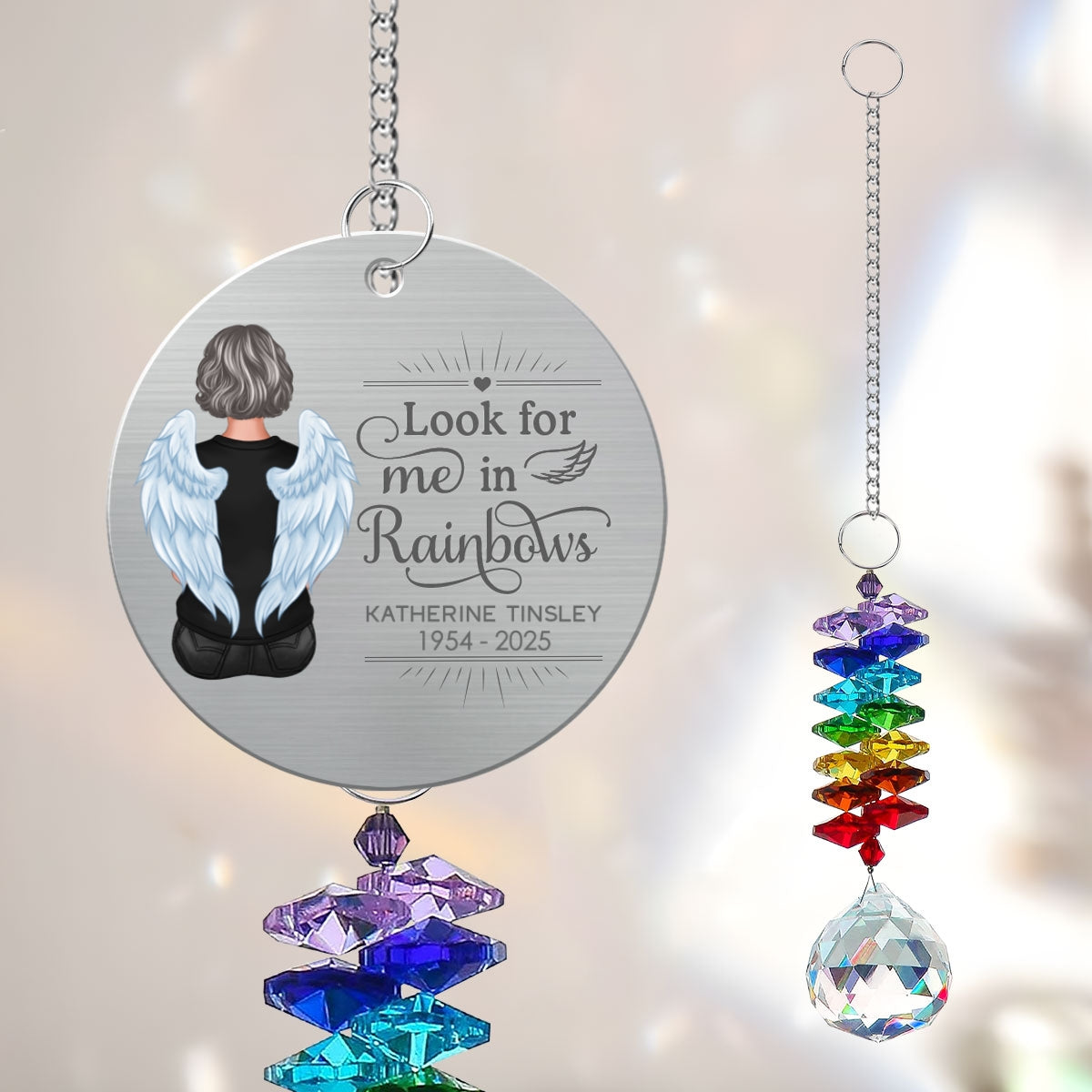 Family Memorial Look For Me In Rainbows Personalized Crystal Suncatcher With Aluminum Charm