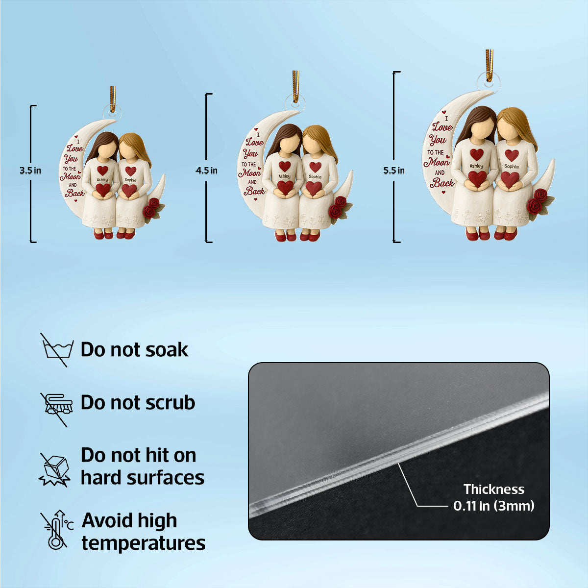 3D Effect Roses Besties On Moon - Personalized Acrylic Ornament - Christmas Gift For Best Friends