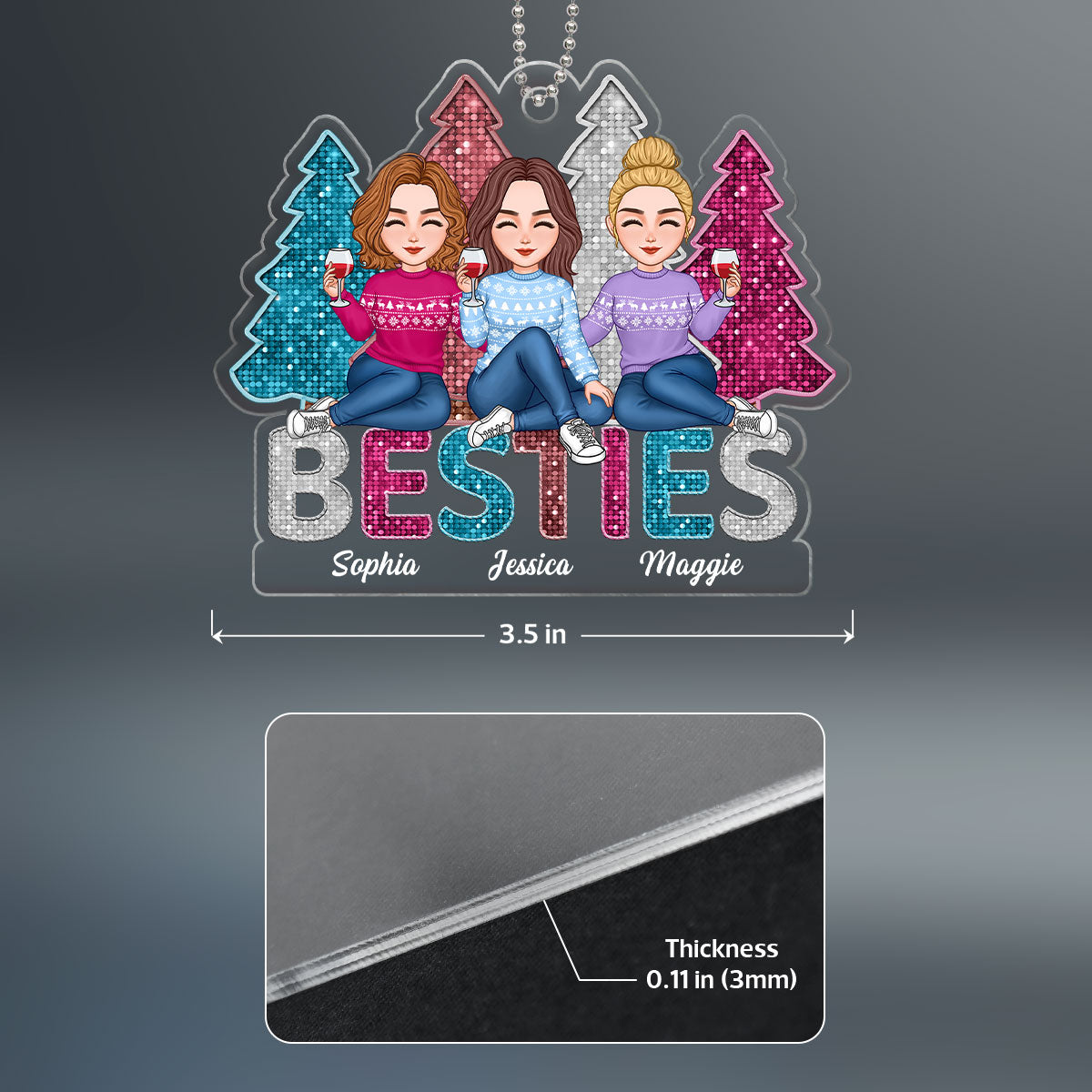 Sequins Texture Besties Sisters Christmas Trees Personalized Acrylic Ornament