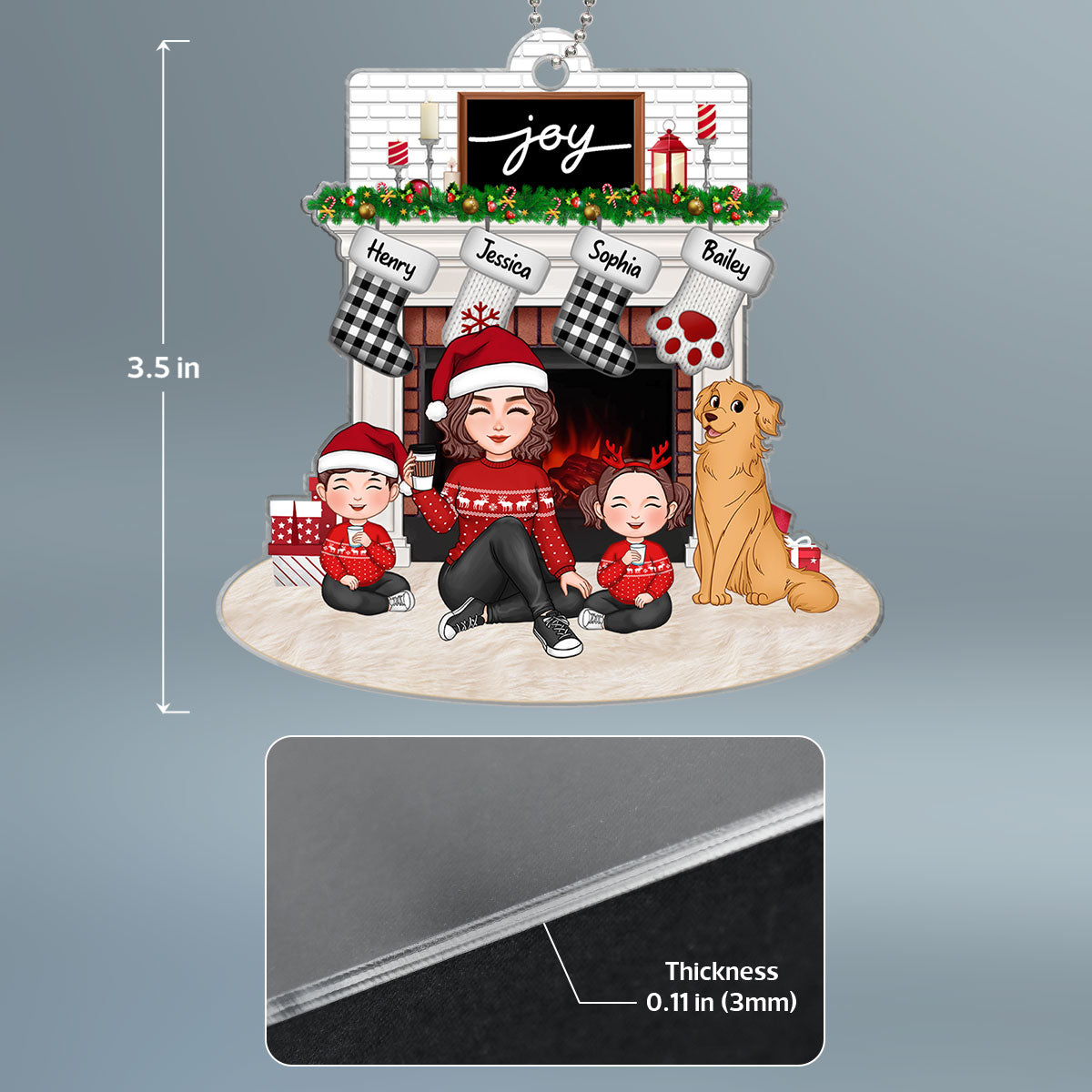 Cute Family Single Dad Mom Kids Dogs Cats Sitting At Christmas Fireplace Personalized Acrylic Ornament