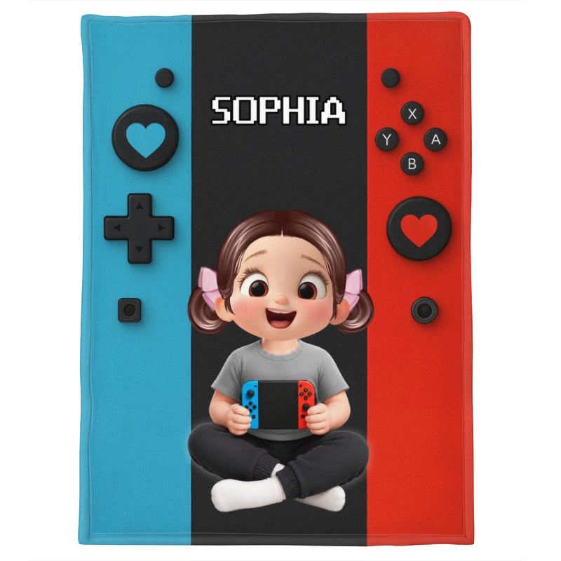 Gamer Player Custom Kid Name - Personalized Fleece Blanket - Christmas Gift For Gamer, Grandson, Son, Granddaughter, Daughter, For Boys, Girls