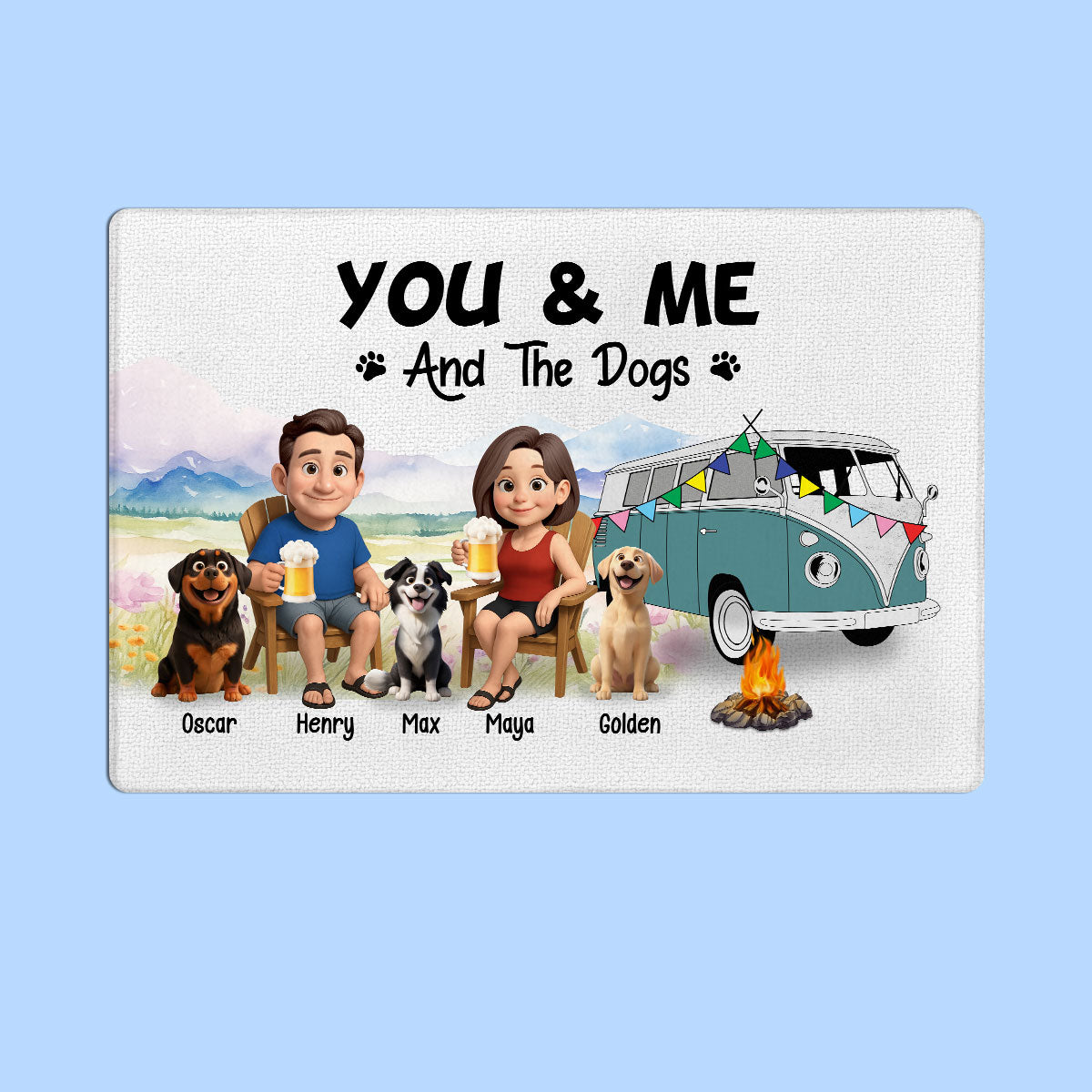 You Me And the Dogs Cats Camping Couple Personalized Doormat, Anniversary, Vacation Gift For Campers