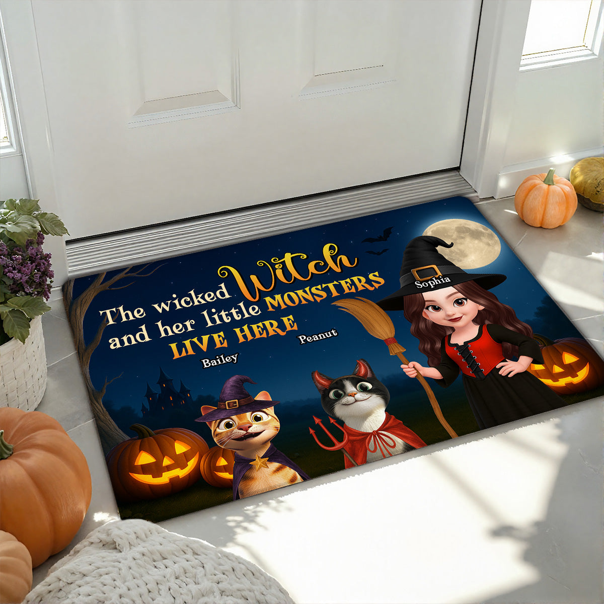 Spooky Halloween Theme Wicked Witch And Monsters Cats Personalized Doormat