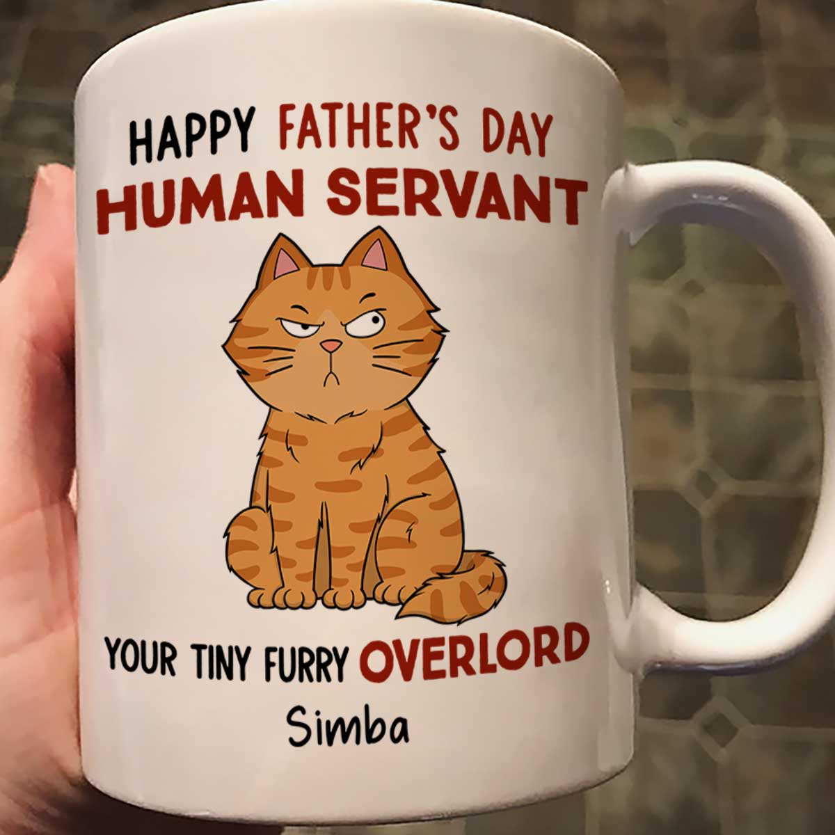 Funny Cute Cats Happy Father‘s Day Human Servant Personalized Mug, Father’s Day Gift For Cat Dad