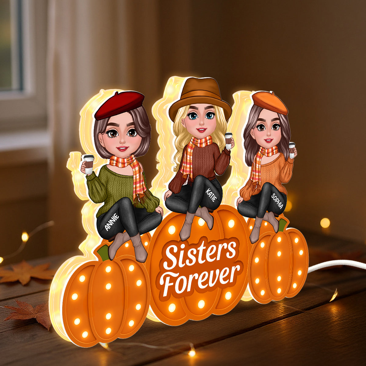 Fall Season Sisters On Marquee Pattern Texture Pumpkins Personalized LED Light Box