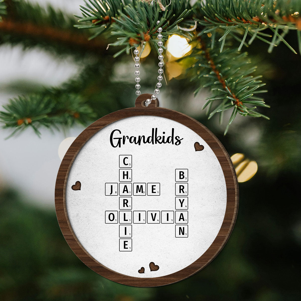Grandkids Crossword Puzzle Art Newspaper Personalized 2-Layer Wooden Ornament, Christmas Gift For Grandma, Gift For Mom