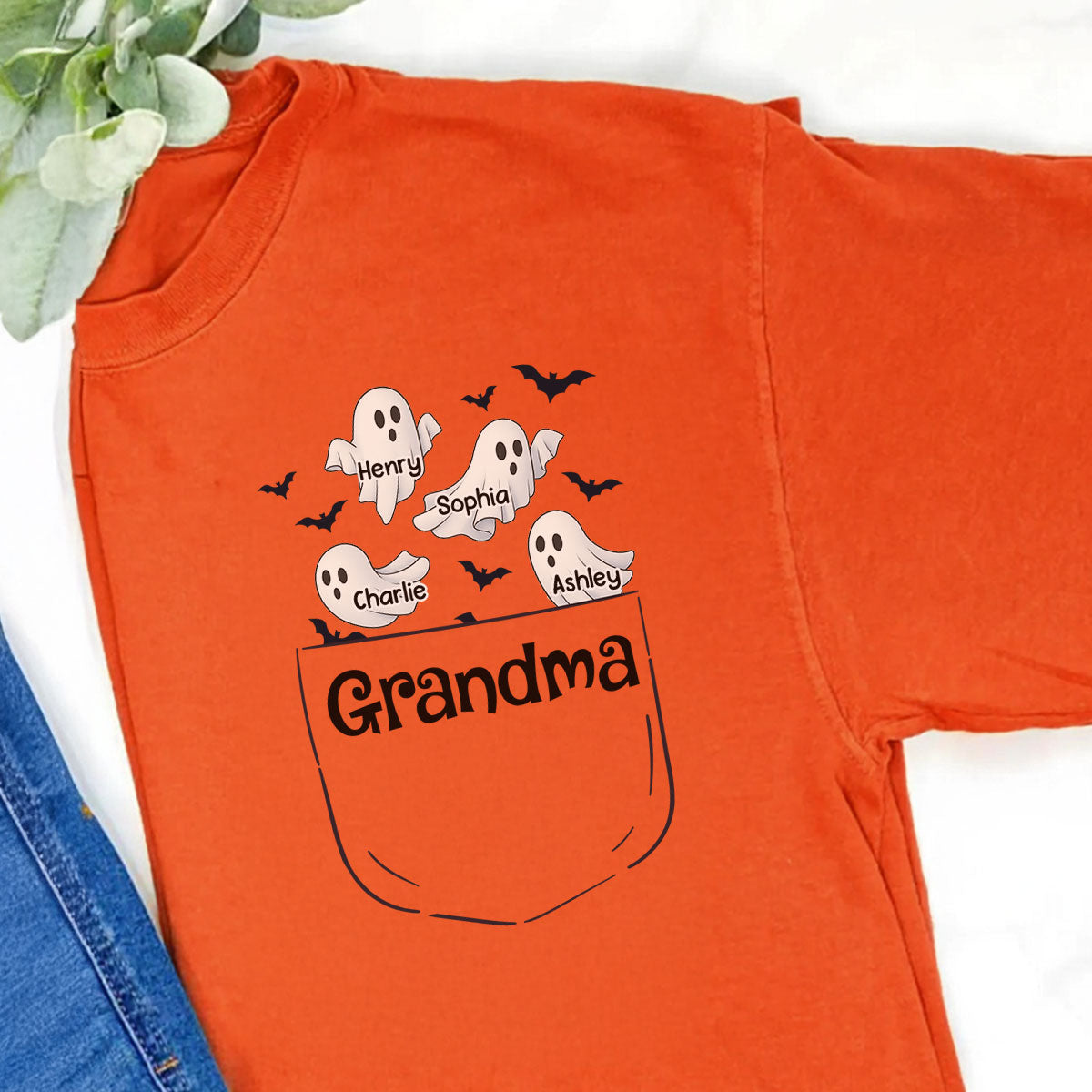 Grandma Cute Ghost and Bat Halloween In Pocket Effect Personalized Shirt