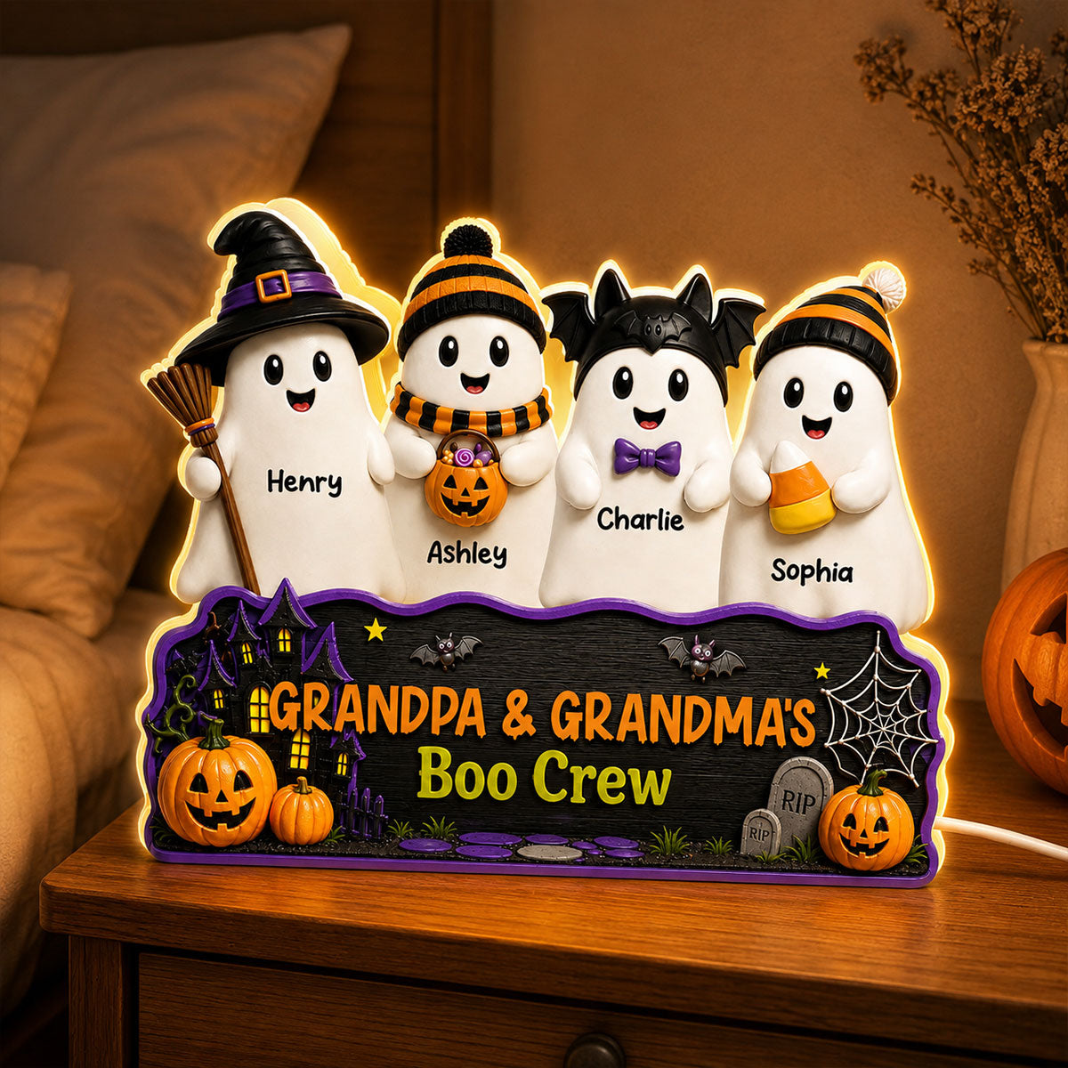 Halloween Grandpa Grandma's Boo Crew - Personalized Light Box - Halloween Decor For Grandparents