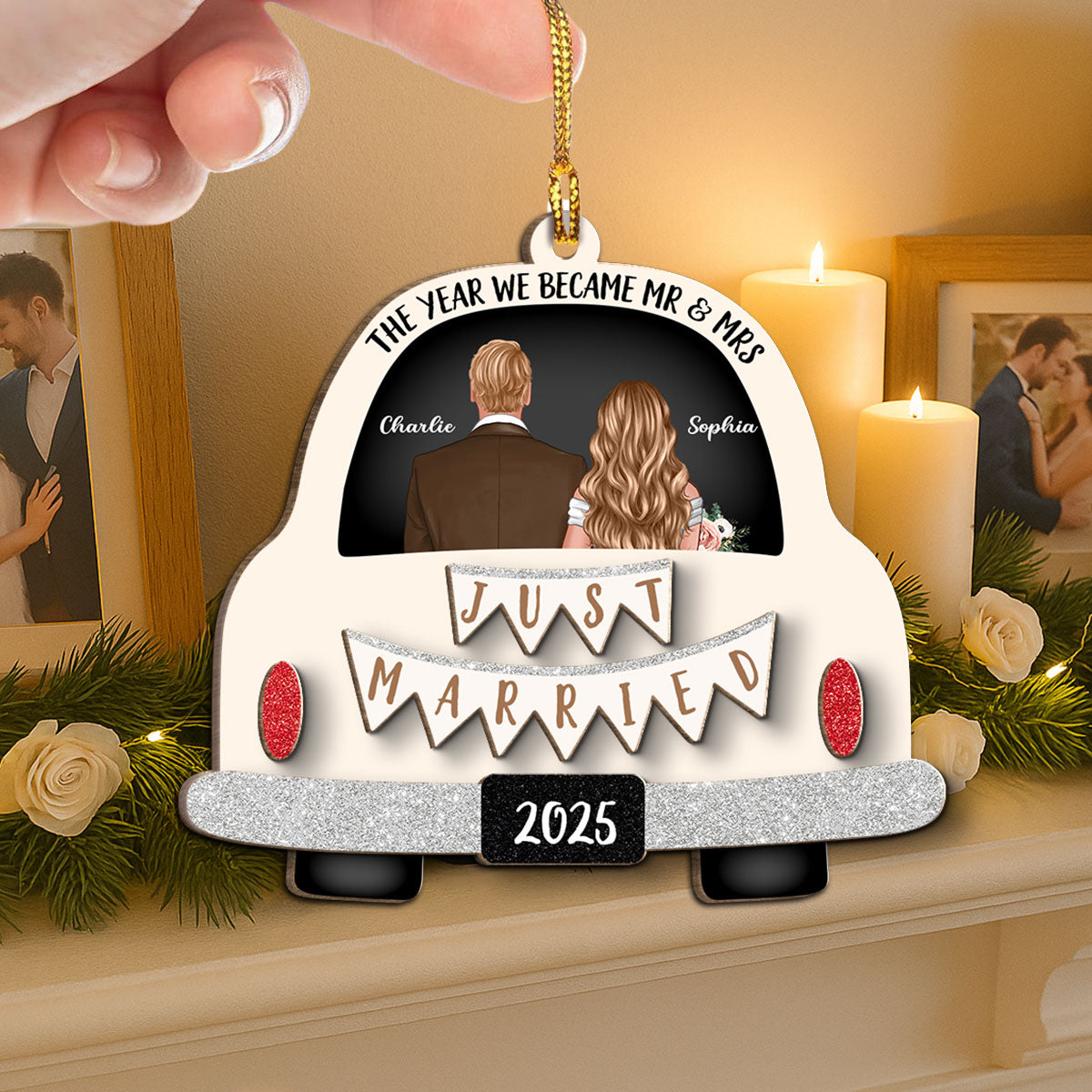 Groom & Bride In Car Personalized 2-Layer Wooden Ornament | Just Married Newlyweds Marriage Keepsake