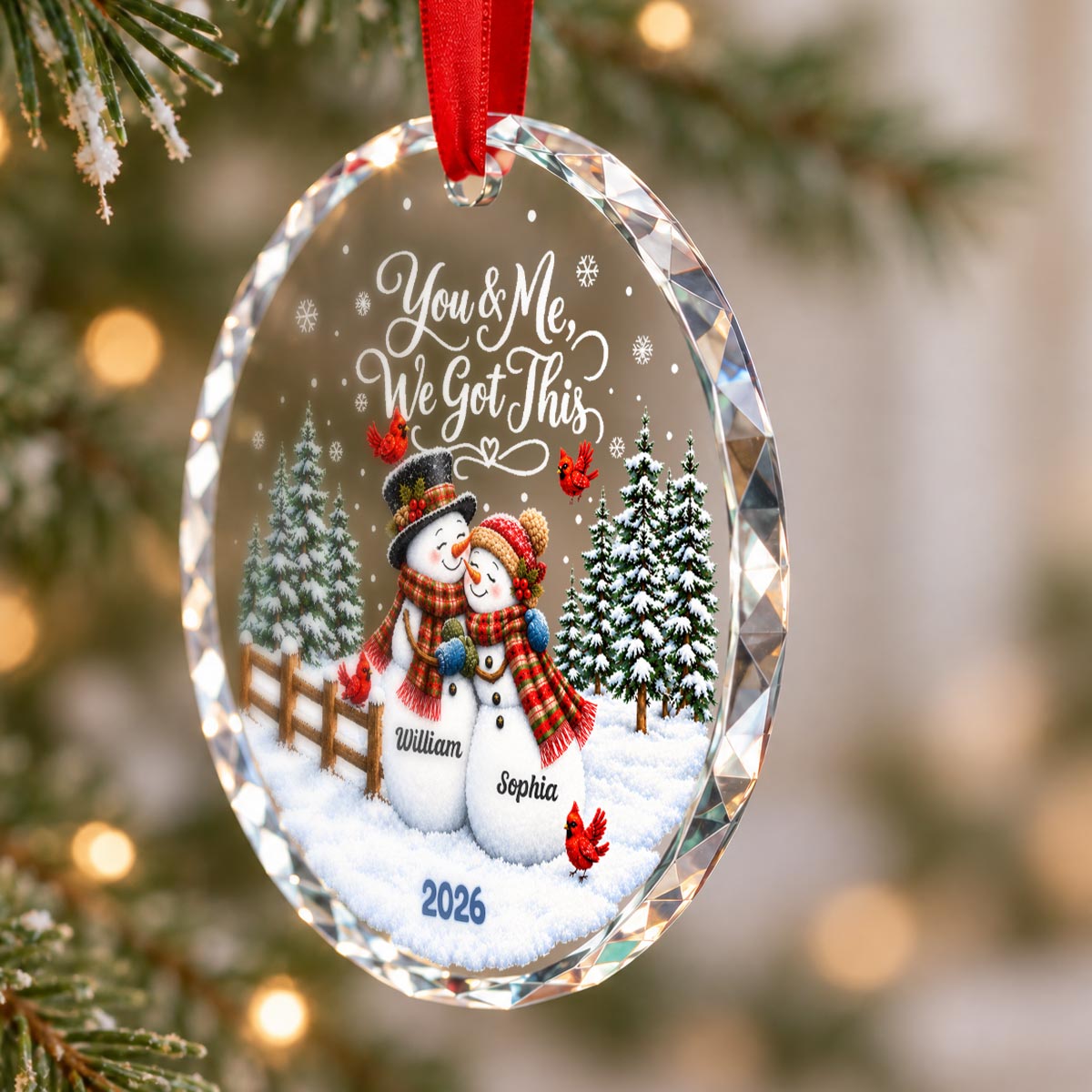 Snowman Couple - Personalized Glass Ornament - Custom Couple Names & Year, Christmas Keepsake, Gift for Couples