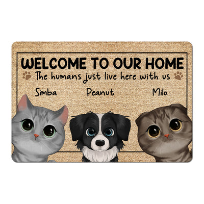 Welcome To Our Home Watercolor Cute Cats Dogs Personalized Doormat