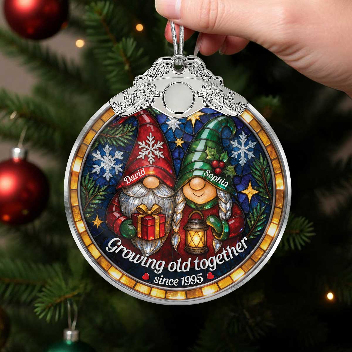 Retro Vintage Gnome Couple Growing Old Together Stained Glass Style - Personalized Glass Ornament With Silver Cap