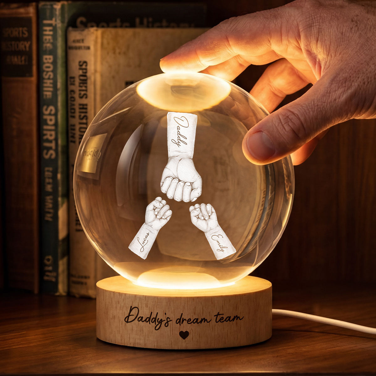 Daddy's Dream Team - Personalized Crystal Ball LED Night Light - Father's Day Gift for Dad, Husband