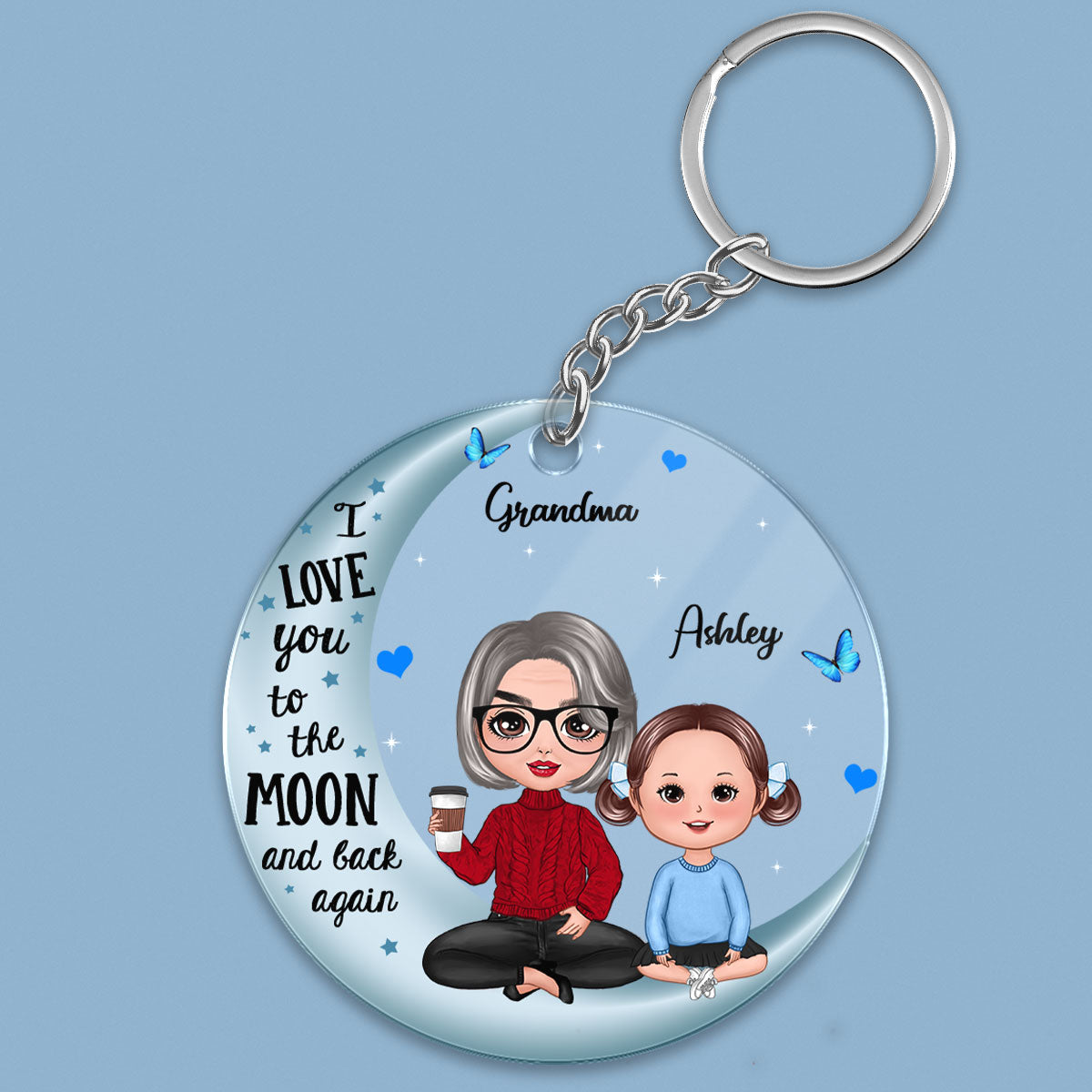 Doll Grandma & Grandkid On Blue Moon Personalized Acrylic Keychain