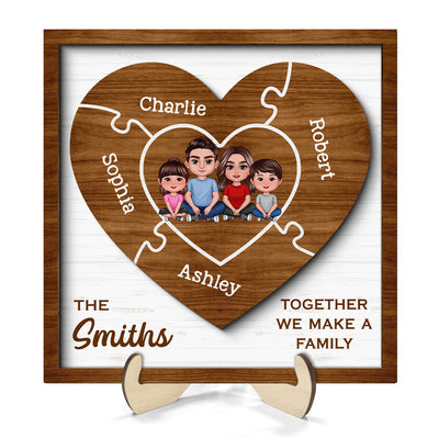 Together We Make A Family Puzzle Heart Personalized 2-Layer Wooden Plaque