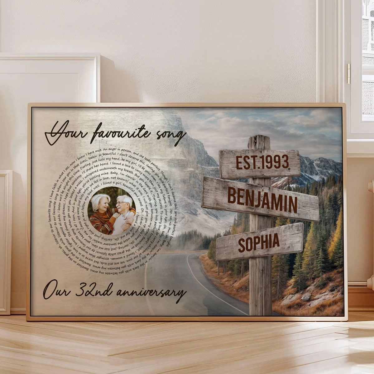 Vintage Signpost Mountain Landscape Song Lyrics Art Personalized Poster, Anniversary Valentine's Gift For Her, For Him