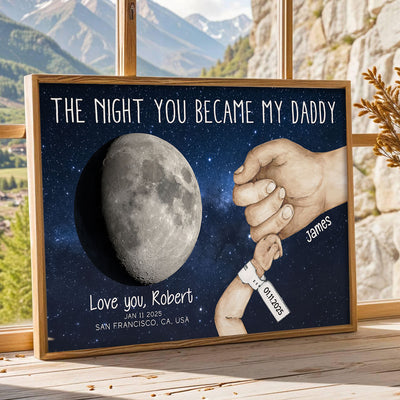 Daddy Newborn Holding Hands Moon Phase Art Personalized Poster, Gift For New Dad, First Time Dad