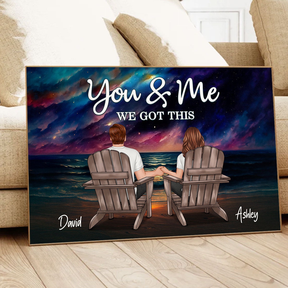 Night Beach Landscape Couple Sitting Back View Personalized Poster
