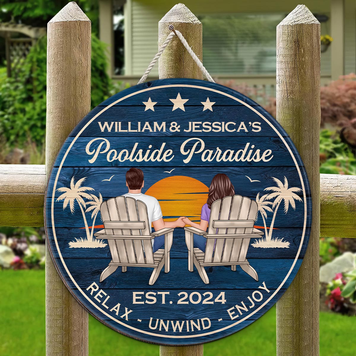 Poolside Paradise Couple Sitting - Personalized Wood Sign