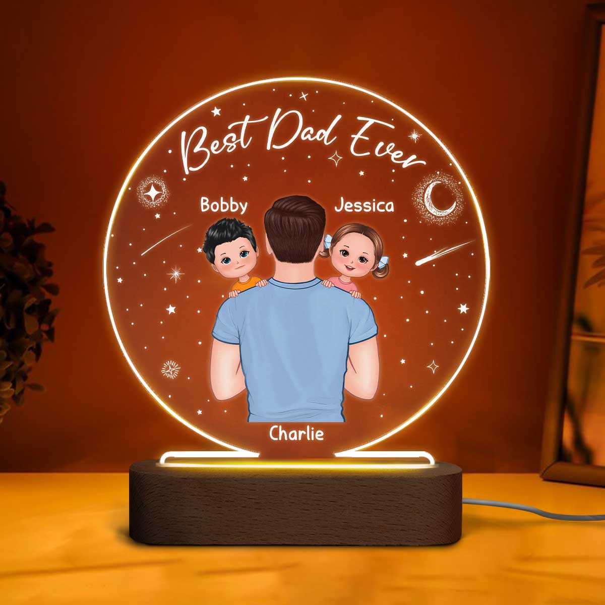 Dad Carrying Kids On Shoulder Personalized Circle LED Night Light
