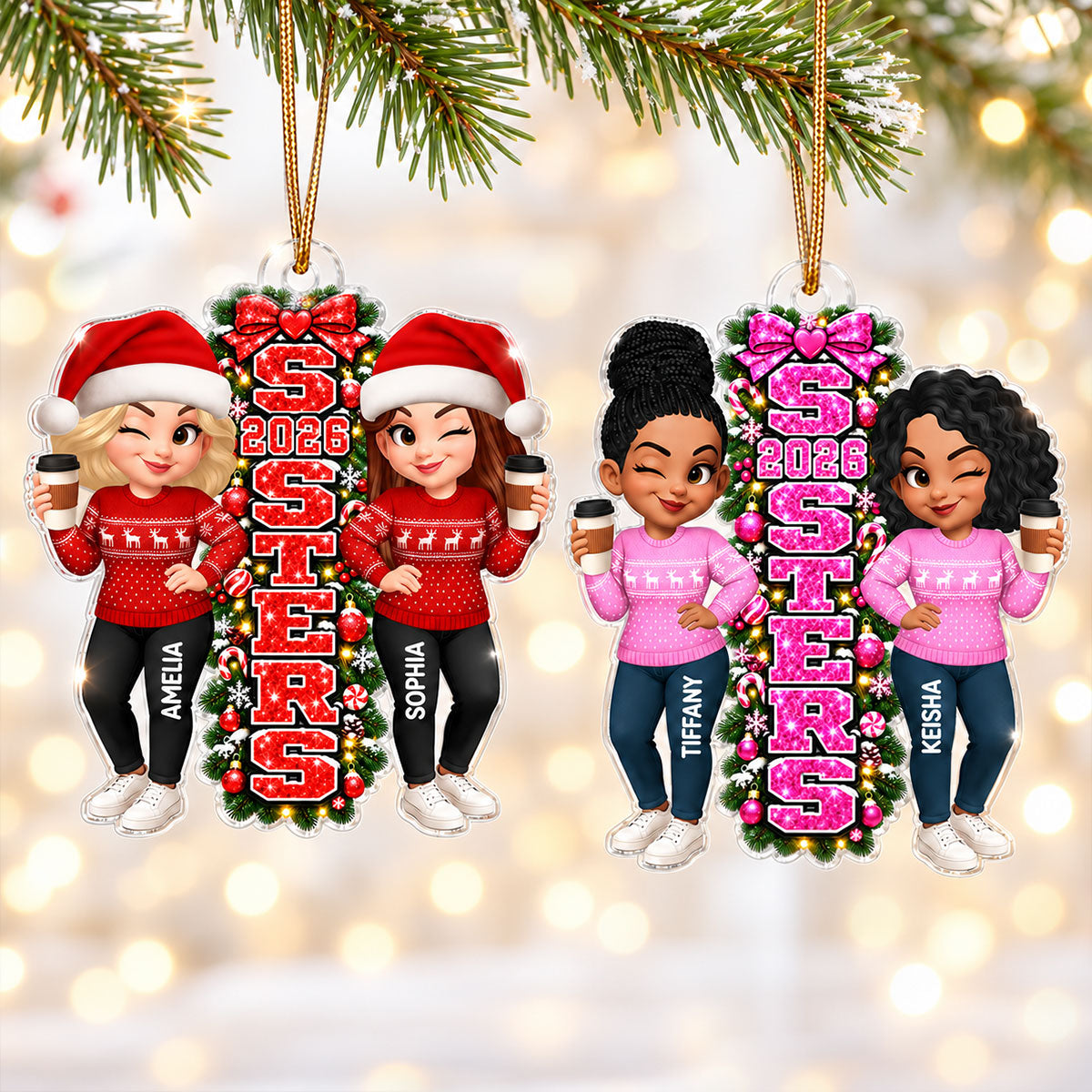 Christmas Sisters Forever - Personalized Acrylic Ornament - Christmas Gift For Friends, Family, Girls