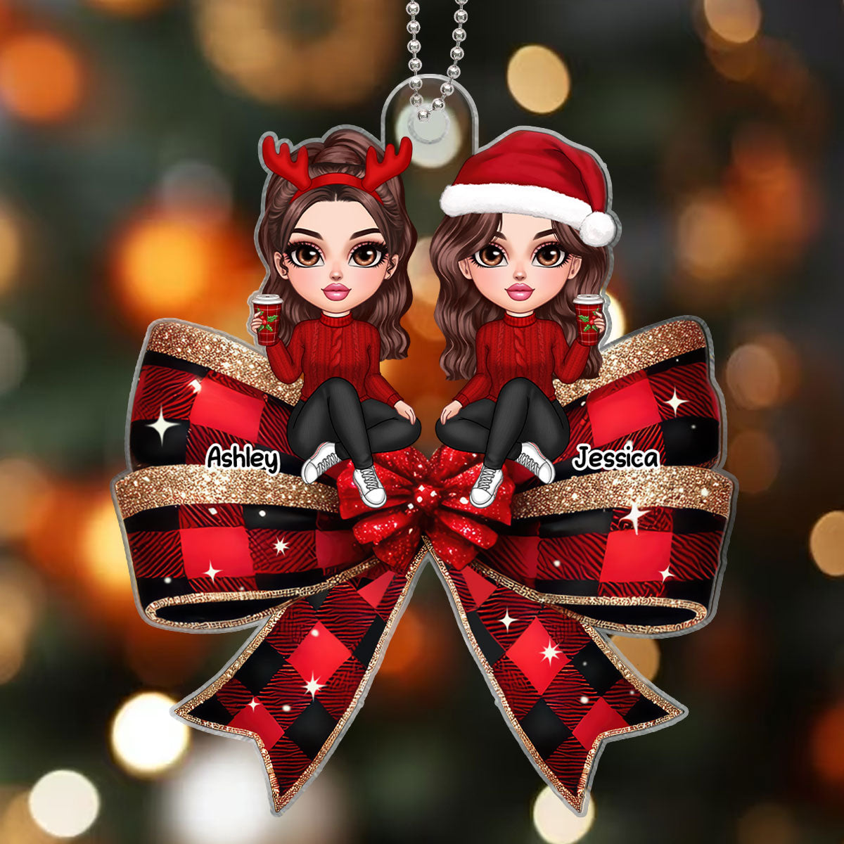 Christmas Checkered Coquette Bow Y2K Besties Personalized Acrylic Ornament, Christmas Gift For Best Friends