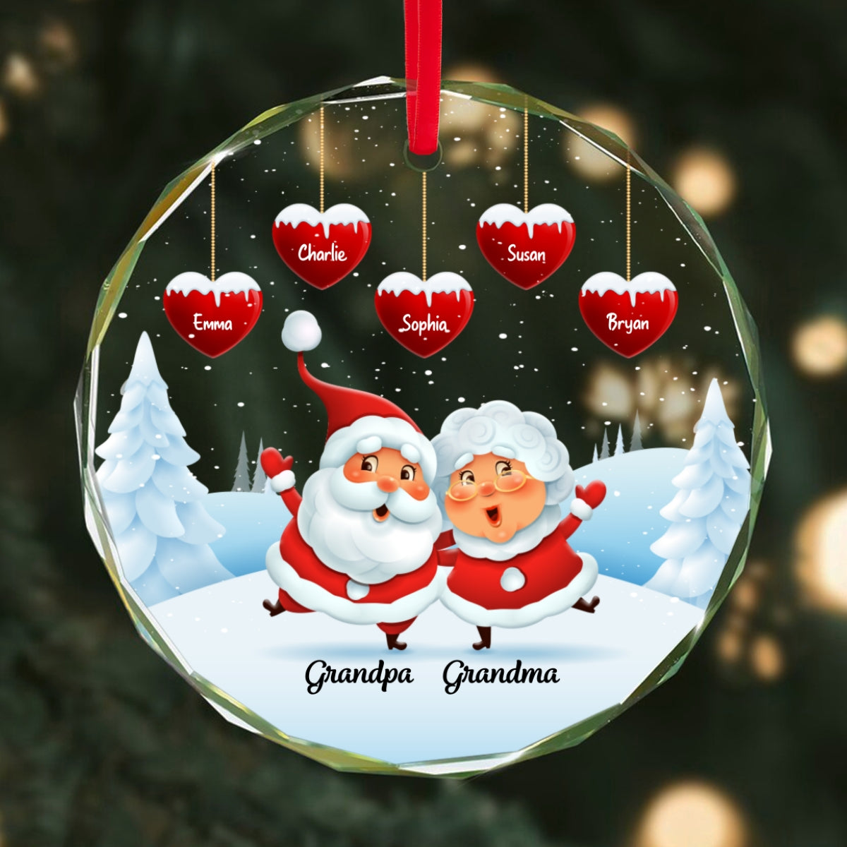 Papa Nana Claus Hearts Kids Names Personalized Glass Ornament