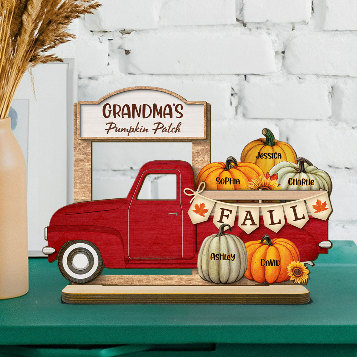 Grandma Fall Season Truck Pumpkins Personalized Standing Wooden Plaque