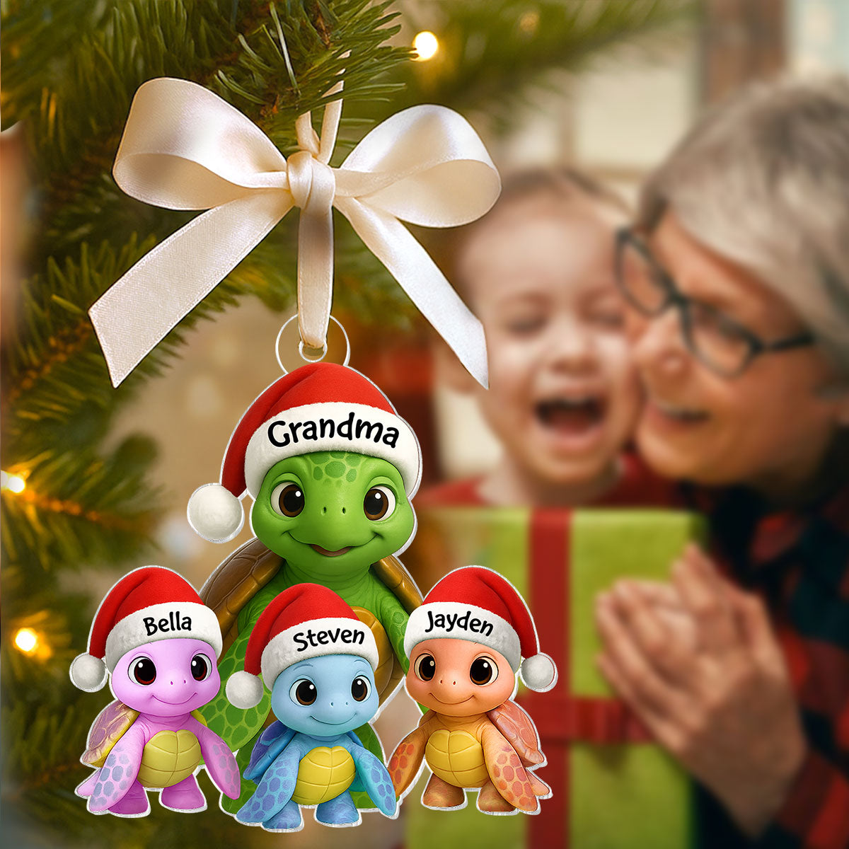 3D Effect Cute Christmas Sea Turtles Grandma And Grandkids - Personalized Acrylic Ornament