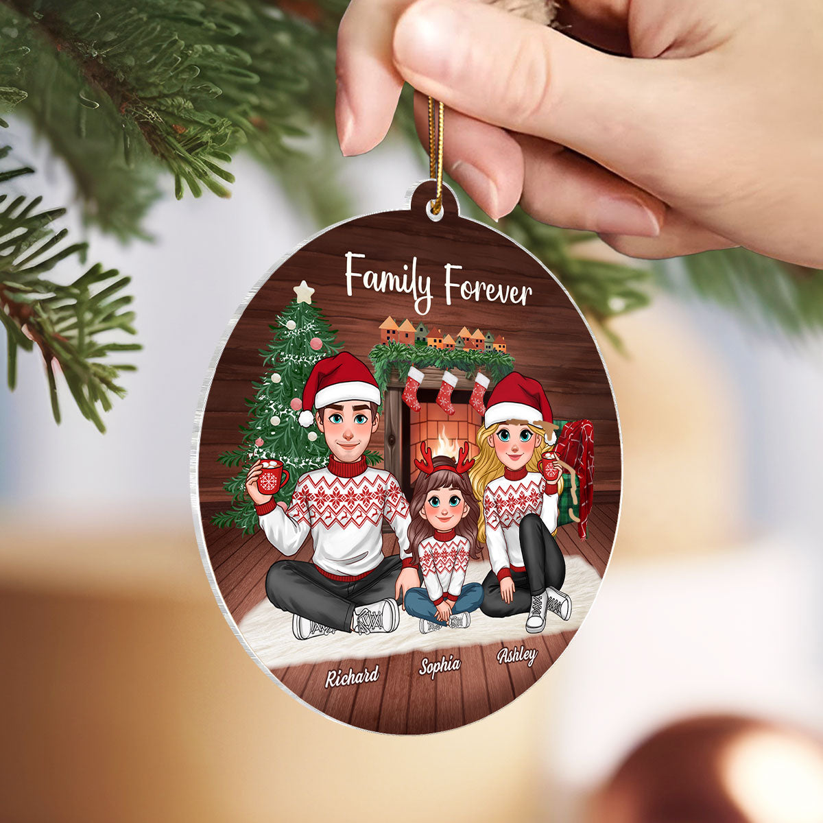Animated Family Sitting In Cozy House Christmas Personalized Acrylic Ornament