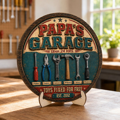 Papa Dad's Garage Toys Fixed For Free Custom Kid Name 2D Flat - Personalized 2-Layered Wooden Plaque - Father's Day Gift For Mechanic Dad, Grandpa