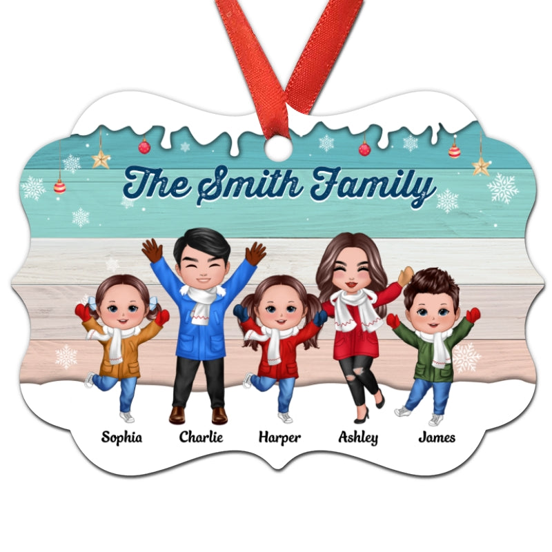 Snow Green Palette Happy Doll Family Dad Mom Kids In Snow Personalized Christmas Ornament