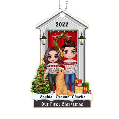 Standing Christmas Couple With Dog Personalized Wooden Ornament