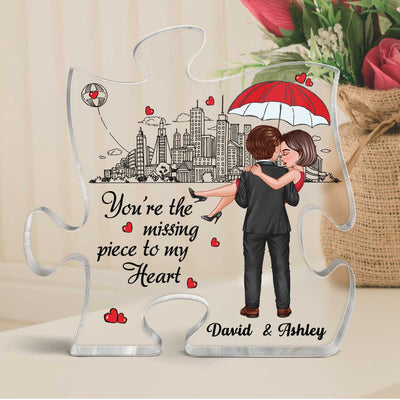 Embracing Hugging Doll Couple Outline Background Personalized Puzzle Acrylic Plaque