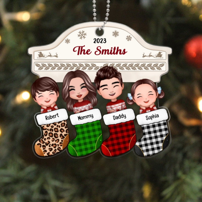 Family Peeking Christmas Stocking Fireplace Personalized Acrylic Ornament