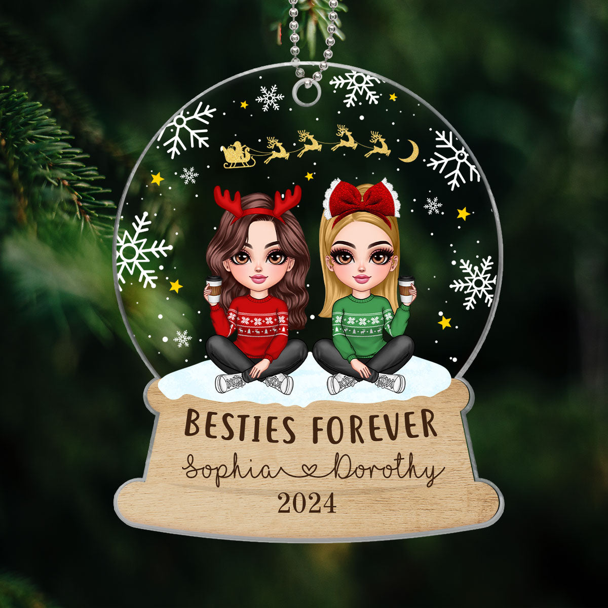 Pretty Friends Sisters Besties Christmas Sitting In Snow Globe Personalized Acrylic Ornament