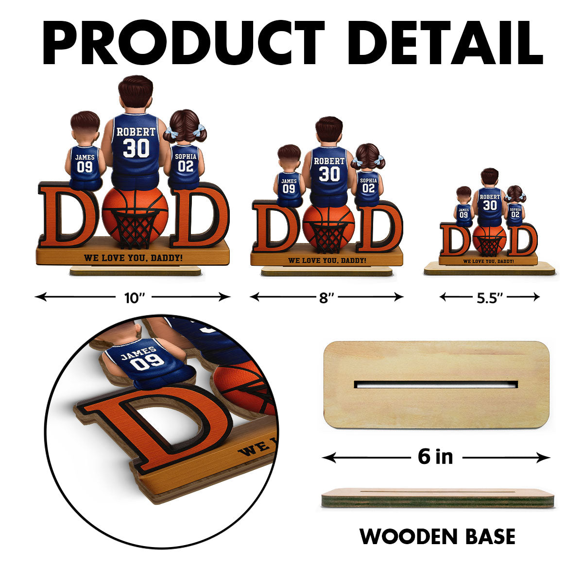 Basketball Dad And Kids Sitting Personalized 2-Layer Standing Wooden Plaque, Father's Day Gift for Dads