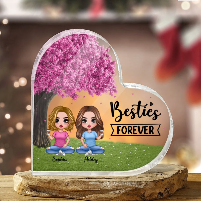 Doll Besties Sitting Under Pink Tree Personalized Acrylic Heart Plaque