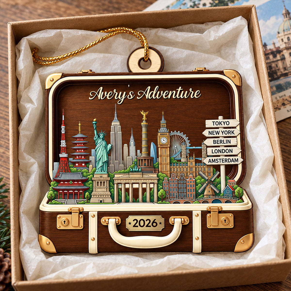 Custom Travel Adventure Suitcase 2D Flat Printed - Personalized Wooden Ornament - Traveling Destination Keepsake, Christmas Gift For Traveling Lovers