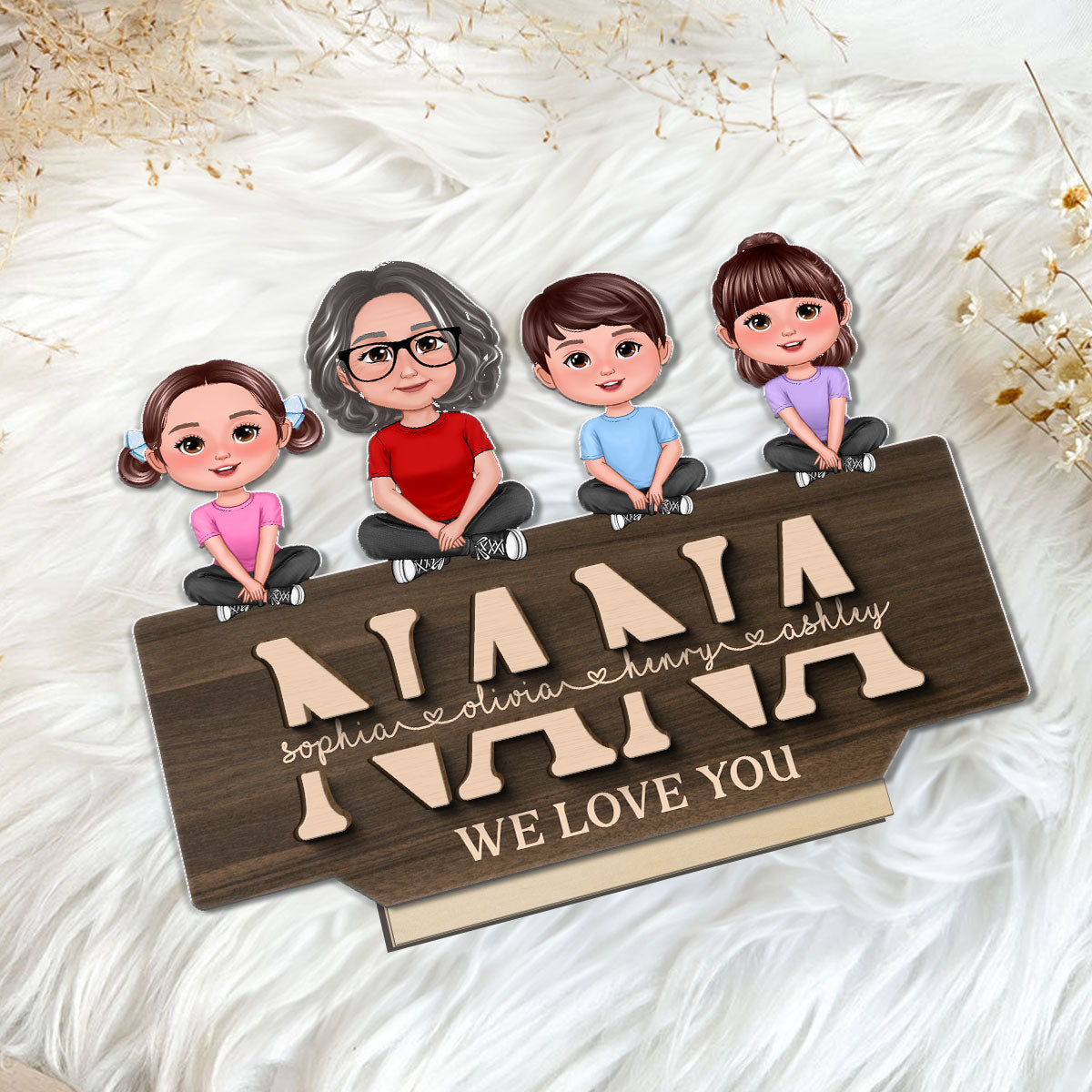 Mom Grandma We Love You Mother & Children Sitting On Word Personalized 2-Layer Standing Wooden Plaque