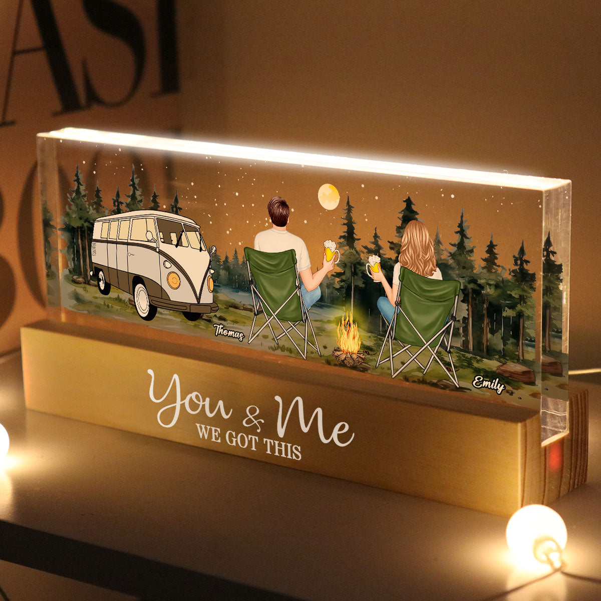 Back View Couple Camping Sitting Together Personalized Acrylic Block LED Night Light, Heartfelt Gift For Couple, For Him, For Her, Boyfriend, Girlfriend, Husband, Wife